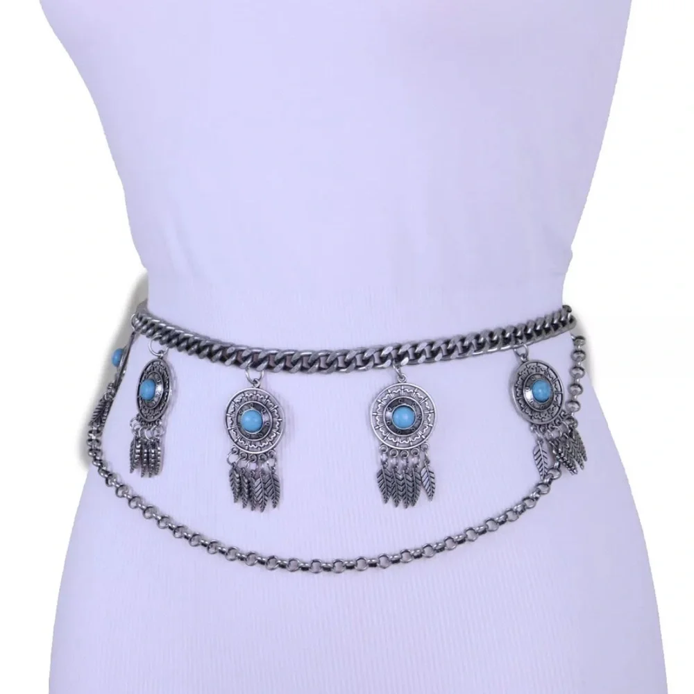 Silver‎ Chain Belt with Turquoise Details feather dream catcher